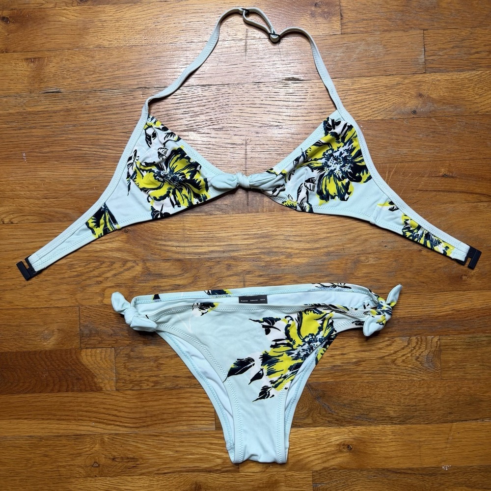 Proenza Schouler Bikini Set Medium Blue W/ Yellow Flowers Tie Sides NWOT